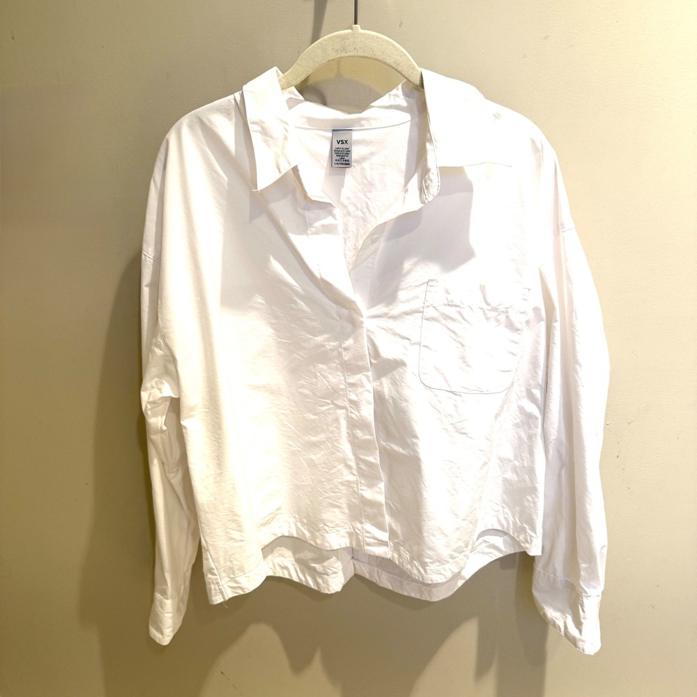 VSX Victoria's Secret White Cropped Button Down Shirt Long Sleeve Large Logo
